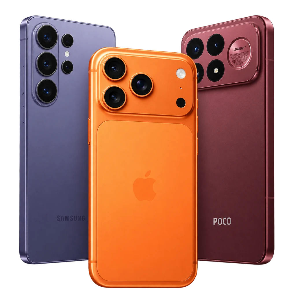 Смартфоны Apple, Samsung и POCO — коллаж
